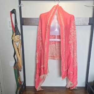Pink Coral Satiny Floral Shawl with Fringe 70" Pashmina  Scarf (🛍 6/$36)